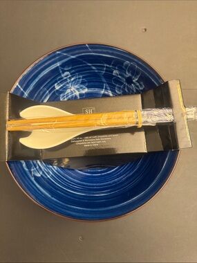 SH Home 4pc Ceramic Noodle Bowl Flower Dreams  with Chopstick & Spoon Set -43oz